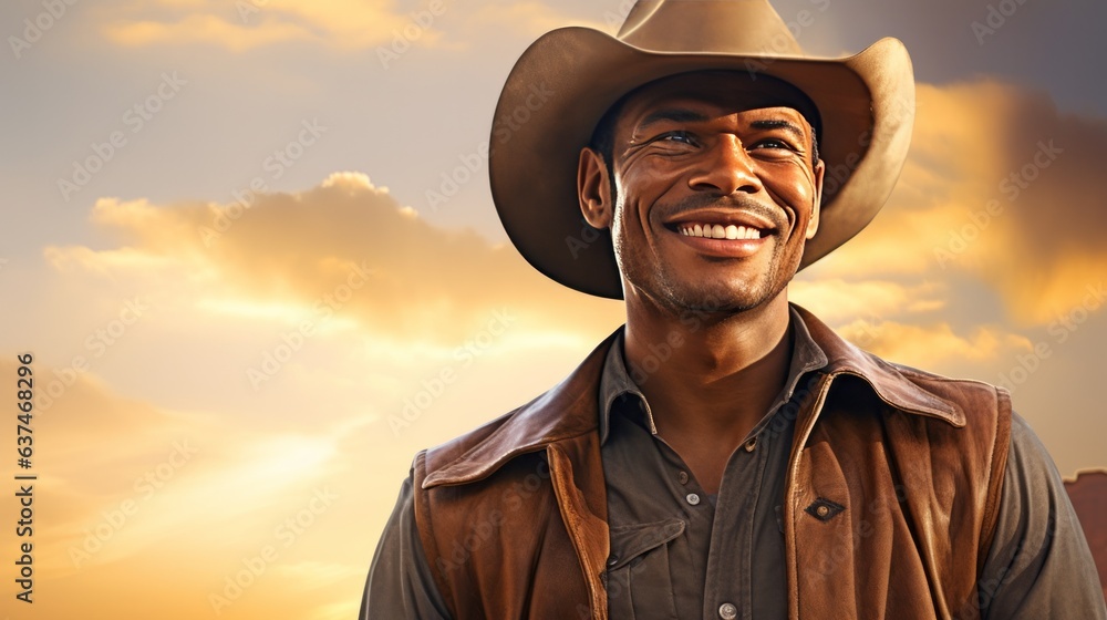 A smiling man in a cowboy hat. AI generative. A smiling man in a cowboy hat. AI generative.