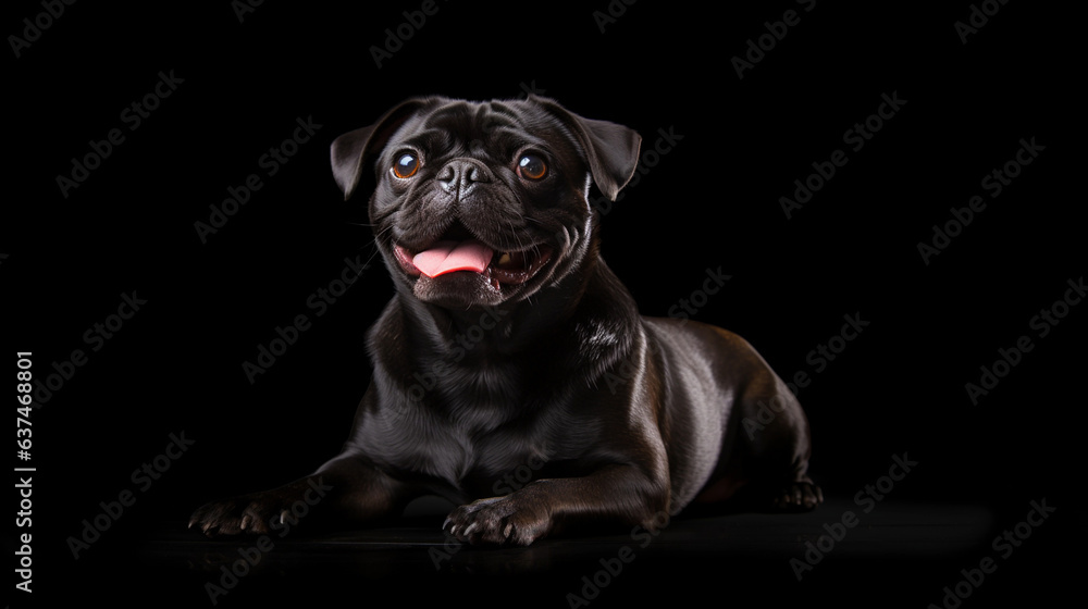 Pug on a dark background, studio lighting.