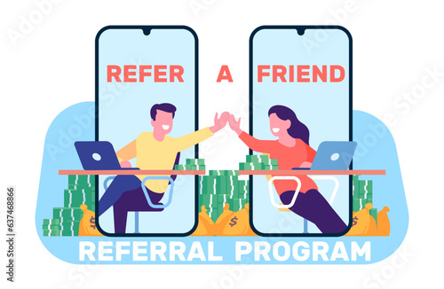 Partnership in business. Refer friend and make money. Profit from affiliate recommends. Smartphone screens. Customer cash bonuses. Dollar banknotes. Coins bags heap. Vector concept