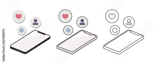 スマホアイコン いいね コメント フォロワー アイソメトリック アイコンセット ベクターイラスト