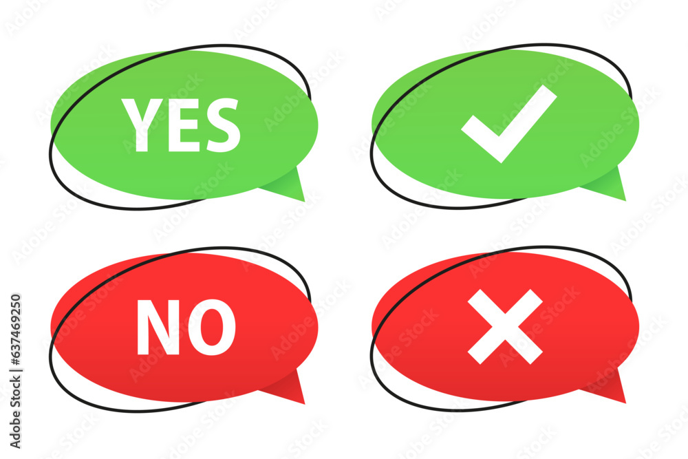 Check and cross mark icons on 3d messages bubble. Design concept for web and mobile apps. Yes or no buttons. Green tick and red cross. Vector illustration Check and cross mark icons on 3d messages bubble. Design concept for web and mobile apps. Yes or no buttons. Green tick and red cross. Vector illustration