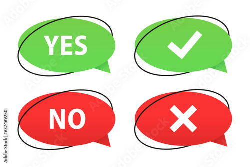 Check and cross mark icons on 3d messages bubble. Design concept for web and mobile apps. Yes or no buttons. Green tick and red cross. Vector illustration