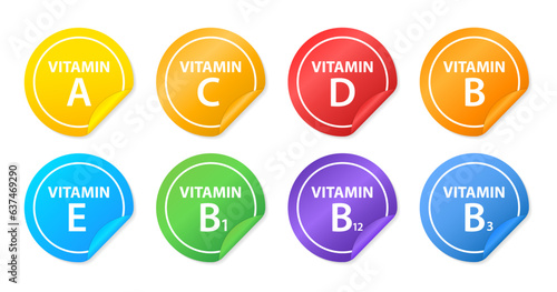 Vitamins sticker, button, label and sign set - vector. Vector illustration