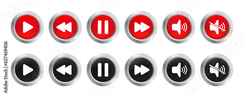Play, pause, stop, record, forward, rewind, previous, next buttons icon set. Collection of multimedia symbols, media player buttons. Isolated on white background. Vector illustration