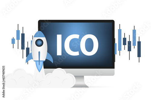 ICO startup. Online sale illustration for landing page. Technology, blockchain startup, crowdfunding template. ICO Token production process. Business concept. Vector illustration