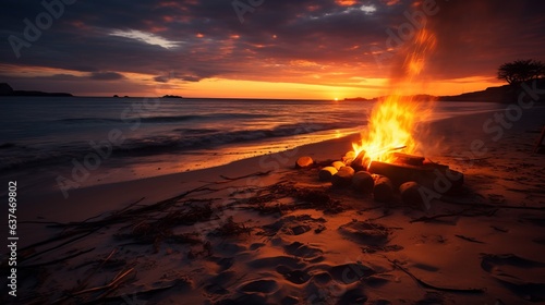 beautiful sunset over the sea is accompanied by a blazing fire on the beach. AI generative.