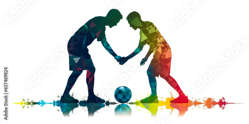 Silhouette of soccer players on a white backdrop, highlighted by grass texture and contrast, embodying sportsmanship with a vibrant ball. photo