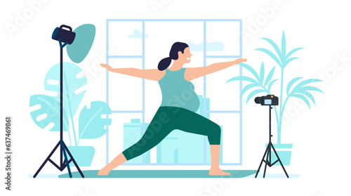 Pregnant woman leads online yoga class from home. Pregnancy workout. Female doing fitness exercises on mat. Recording training video for course. Camera and lamp tripod. Vector concept