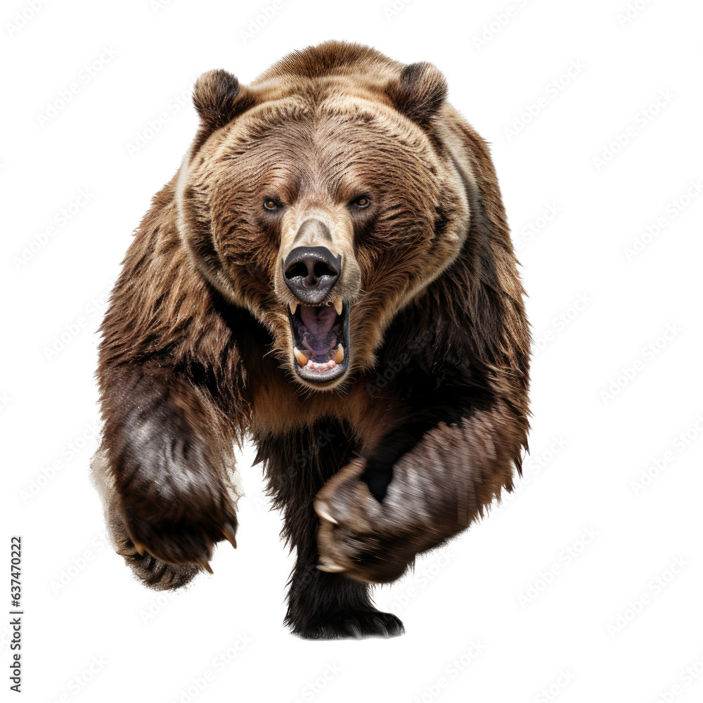 Fototapeta premium a full-body view of a Grizzly bear, angry as a transparent PNG Nature-themed, photorealistic illustration. Generative ai