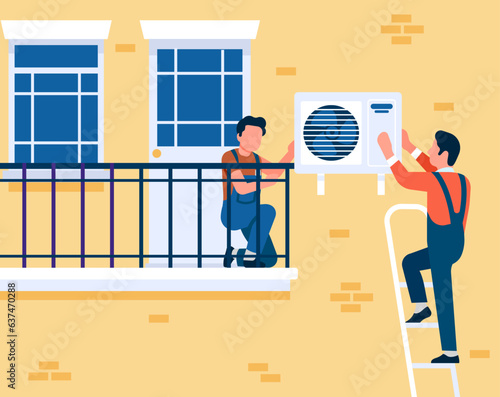 Repair or installation of air conditioner on facade wall of residential building. Workman installing cooling equipment. Worker in uniform on stepladder. Fix ventilation. Vector concept