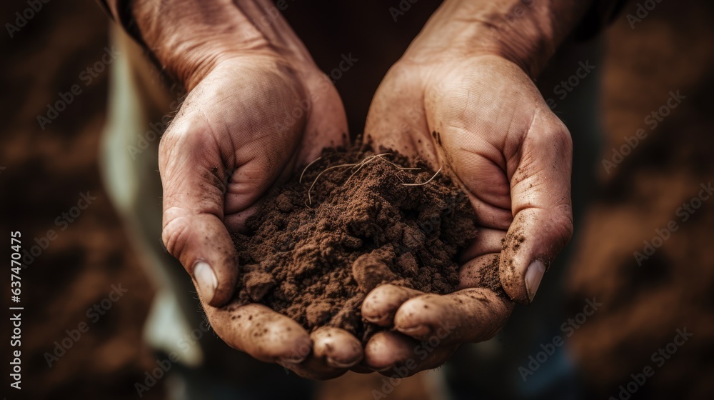 Close up of human hands holding compost soil, agriculture. AI generative. Close up of human hands holding compost soil, agriculture. AI generative.