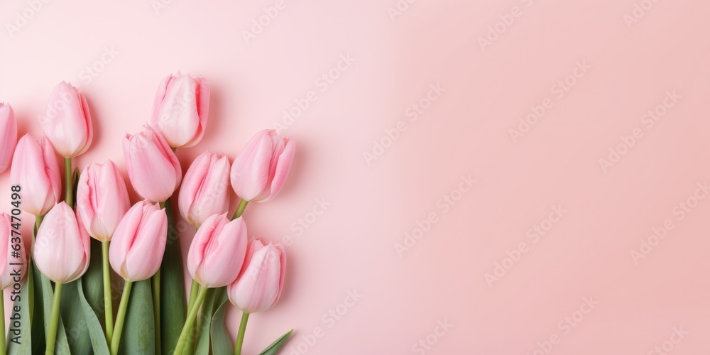 Top view tulip flowers on pink blank paper background, Copy space, generative ai. Mother's Day Concept. Feminine concept, generative ai