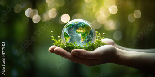 Hands holding crystal glass globe and growing tree in green forest, Saving environment, Environment concept, Save clean planet, Ecology concept, Card for World Earth Day, generative ai