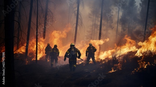 Firefighters fighting with forest fire. AI generative.
