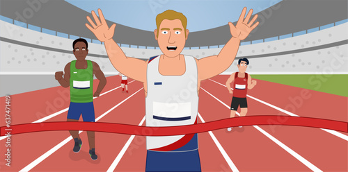 Illustration of athlete winning running race. First place finish. Running through the finish line ribbon in stadium. Editable vector. photo