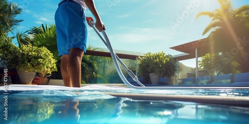 Beautiful man cleaning the pool with vacuum. Cleaning pool service