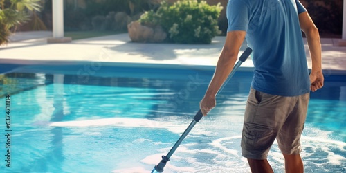 Beautiful man cleaning the pool with vacuum. Cleaning pool service