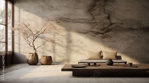 Generative AI, Warm neutral wabi sabi style interior mockup, Japanese minimalistic style, grungy wall photo
