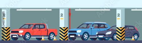 Urban underground parking garage with markings. Signs and parked cars. Automobiles stopped in building basement. Carpark floor and walls with columns. City transportation. Vector concept