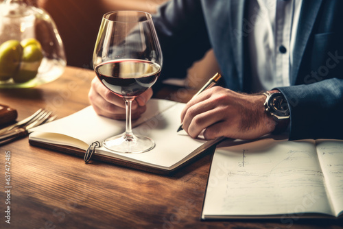Professional wine taster making notes