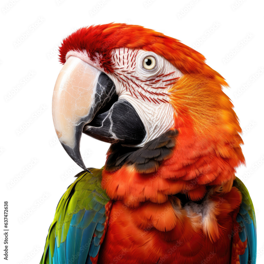 a Rainbow Macaw portrait, 3/4 view in a Nature-themed, photorealistic illustration in a transparent PNG, cutout, and isolated. Generative ai