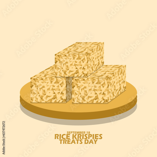Rice Krispies Treat on a wooden plate, with bold text on a light brown background to celebrate Rice Krispies Treats Day on September 18