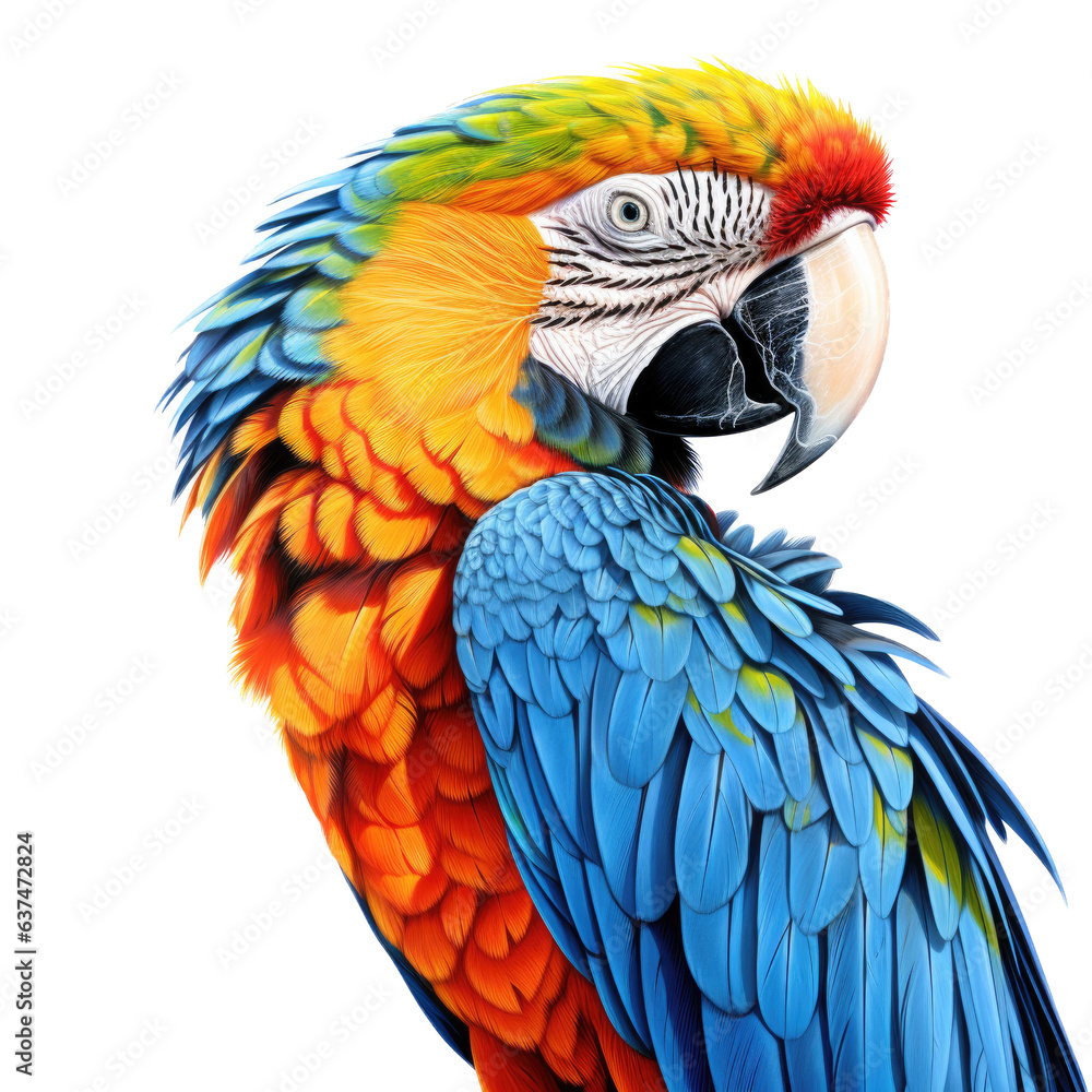 Obraz premium a Rainbow Macaw portrait, side view in a Nature-themed, photorealistic illustration in a transparent PNG, cutout, and isolated. Generative ai