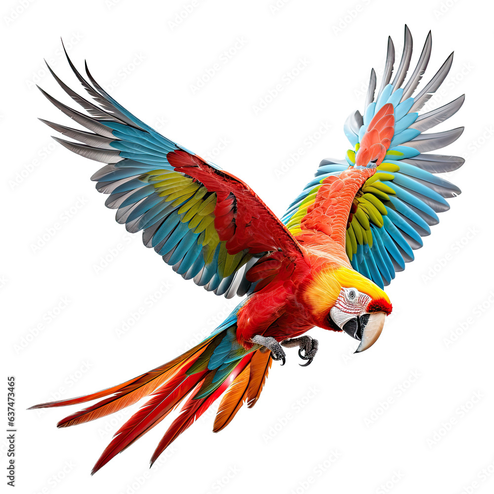 Obraz premium a Macaw in-flight, 3/4 view as a transparent PNG Nature-themed, photorealistic illustration. Generative ai