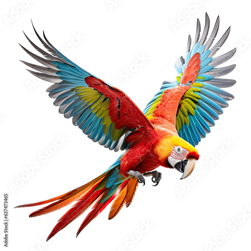 a Macaw in-flight, 3/4  view as a transparent PNG Nature-themed, photorealistic illustration. Generative ai