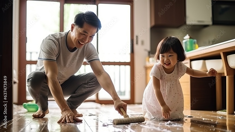 Parent and kid clean up the house together, asian dad and daughter - obrazy, fototapety, plakaty 