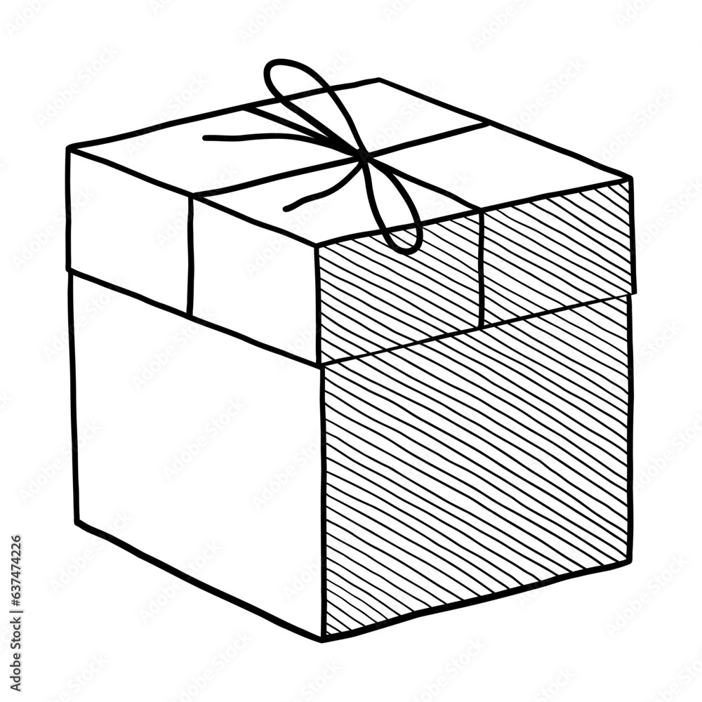BLACK VECTOR ISOLATED ON A WHITE BACKGROUND DOODLE ILLUSTRATION OF A CARDBOARD BOX WITH A BOW BLACK VECTOR ISOLATED ON A WHITE BACKGROUND DOODLE ILLUSTRATION OF A CARDBOARD BOX WITH A BOW