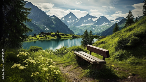 Bench on lake in the mountains