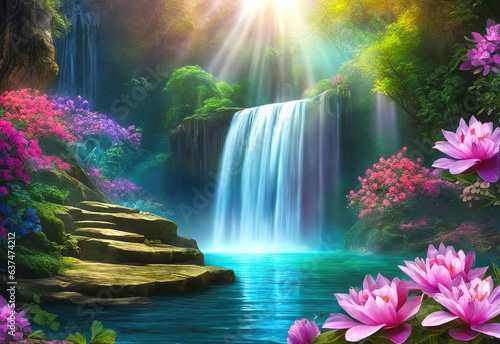 Paradise landscape with beautiful  gardens  waterfalls and flowers  magical idyllic  background  heavenly view with beautiful fantastic flowers and lush vegetation in Eden.