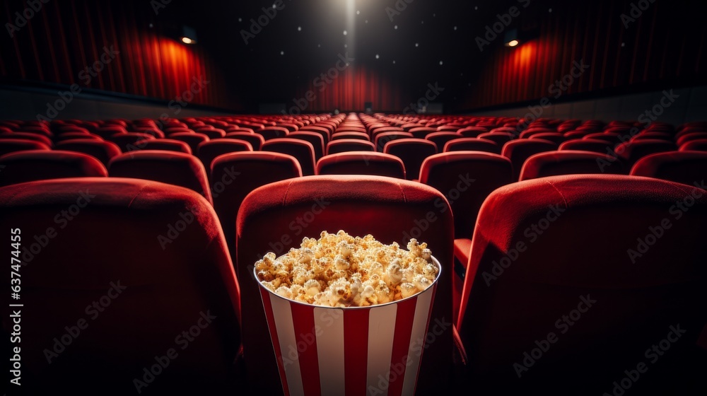 Interior of empty cinema with rows of red seats with cup holders and popcorn. Concept of entertainment. 3d rendering toned image generative ai - obrazy, fototapety, plakaty 