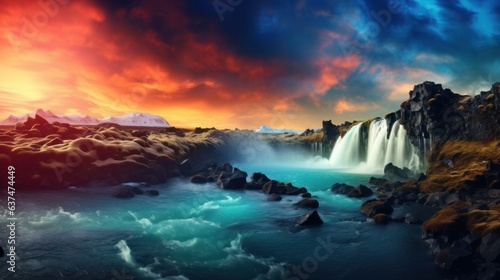 Iceland the Country of Vulcans, Hot Springs, Ice, Waterfalls, Unspoken Weather, Smokes, Glaciers, Strong Rivers, Beautiful Colorful Wild Nature, Lagoons, Amazing Animals, Aurora, generative ai © Chingiz