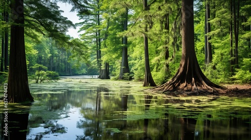 Merchant's Millpond State Park in northeastern North Carolina in late May. Dominant trees are water tupelo (Nyssa aquatica) and baldcypress (Taxodium distichum) generative ai photo