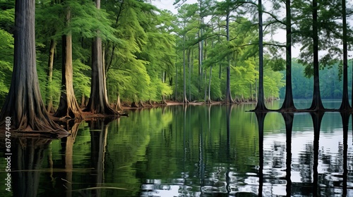 Merchant's Millpond State Park in northeastern North Carolina in late May. Dominant trees are water tupelo (Nyssa aquatica) and baldcypress (Taxodium distichum) generative ai photo