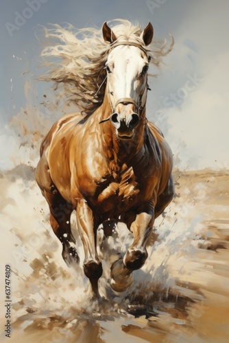 A painting of a horse running in the sand. Digital image.