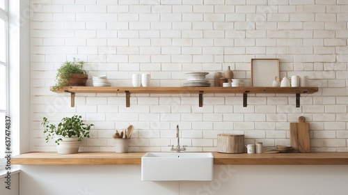  a kitchen with a white brick wall and wooden shelfs. generative ai