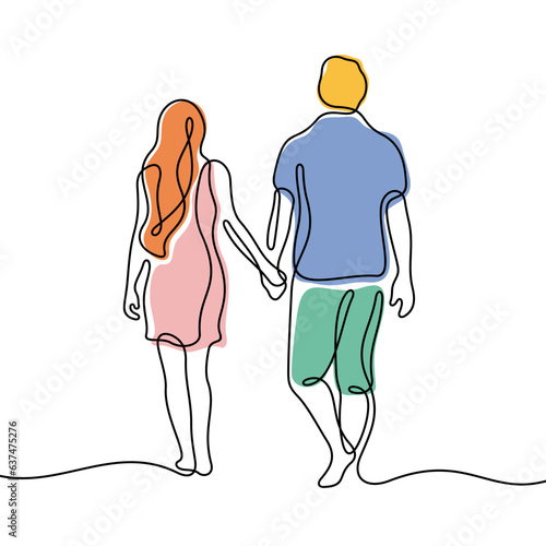 Romantic couple hugging continuous line colourful vector illustration