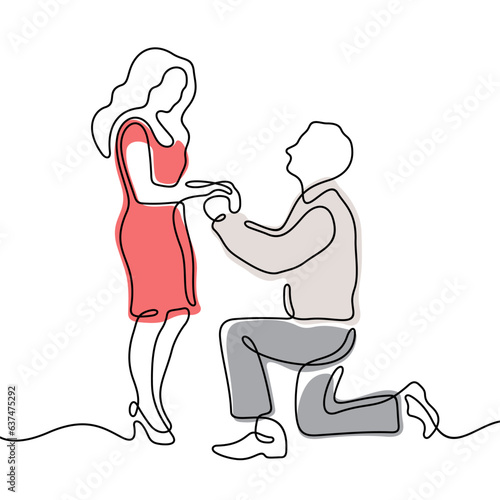 Man kneeling proposing to a woman continuous line colourful vector illustration