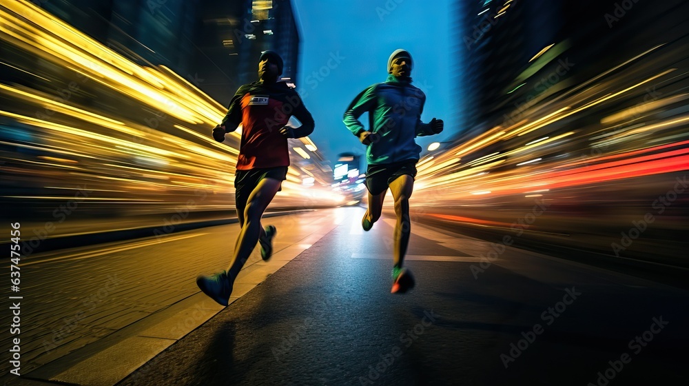 People run in the city, marathon time lapse blur photo