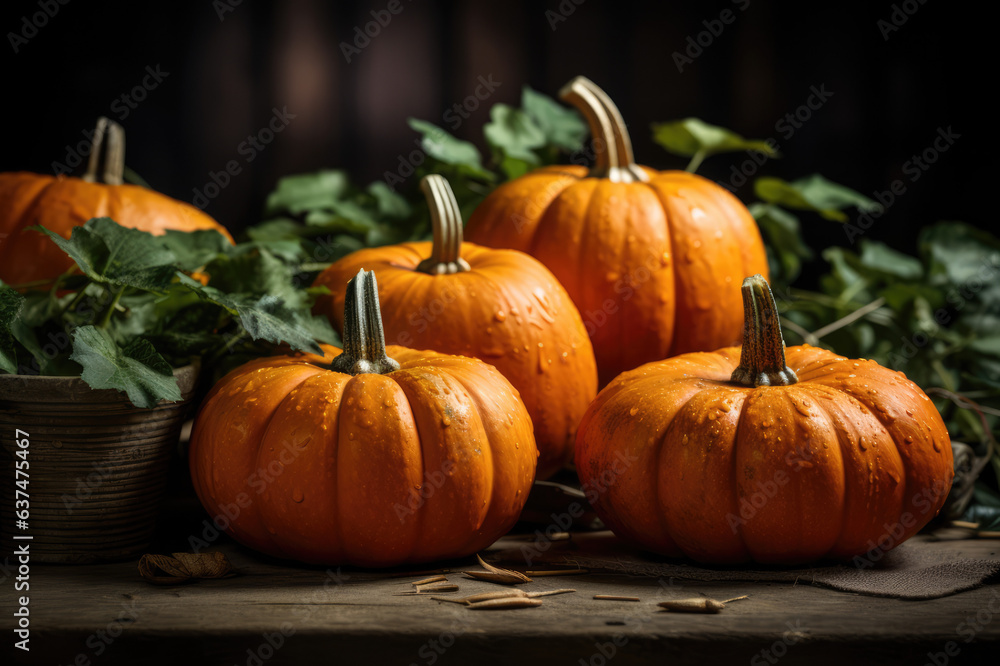 Pumpkin with green leaves on a wooden table Pumpkin with green leaves on a wooden table