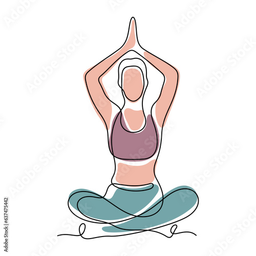 Woman sitting in lotus position and meditating. Yoga practicing continuous line vector illustration.