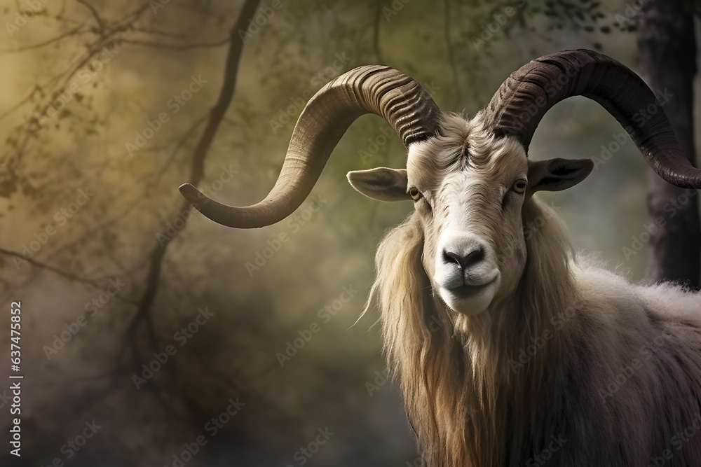 Portrait of altai mountain goat in forest.