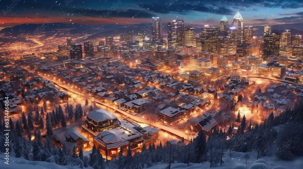 Fototapeta premium Winter cityscape with decor light