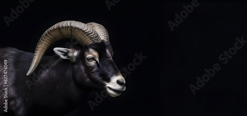 Head shot of dark ram with large helix shaped horns isolated on black