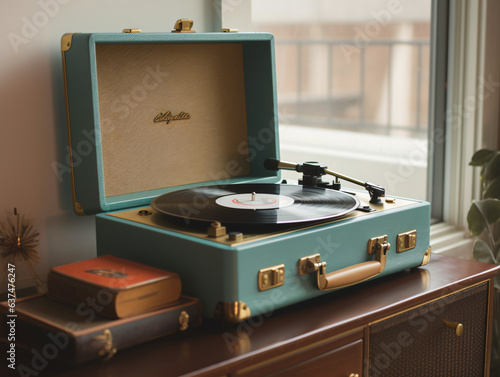 Vintage record player with vinyl records