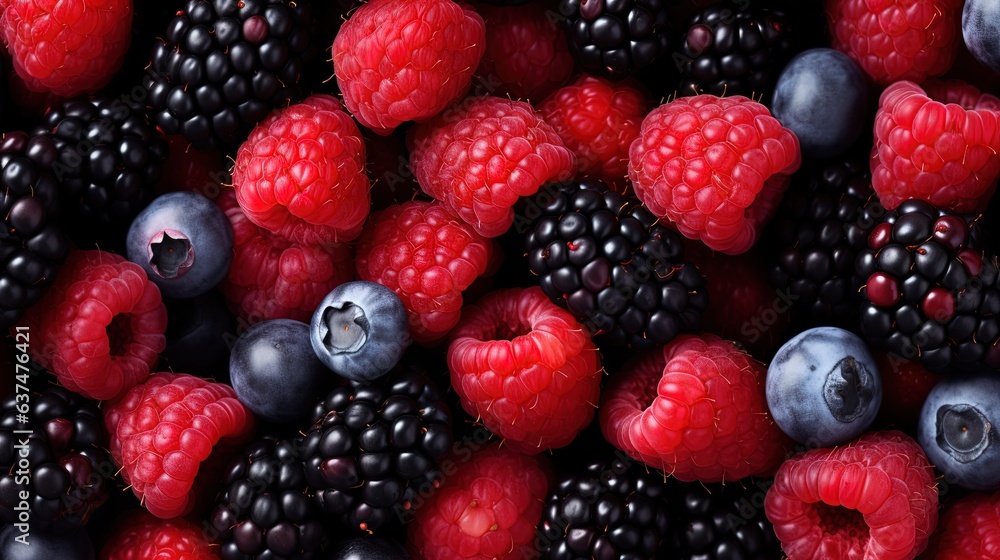 a close up of berries and raspberries on a table. generative ai a close up of berries and raspberries on a table. generative ai