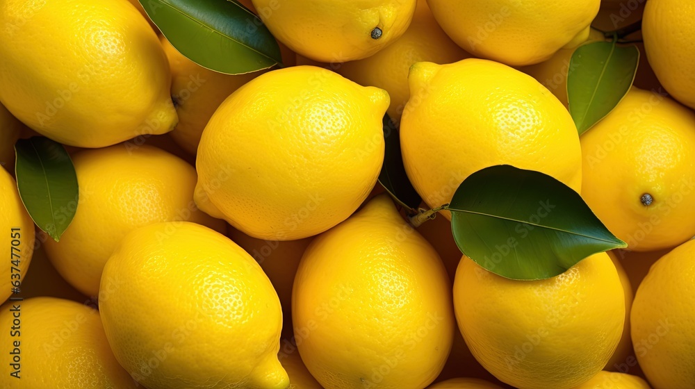  a pile of lemons with green leaves on top of them.  generative ai